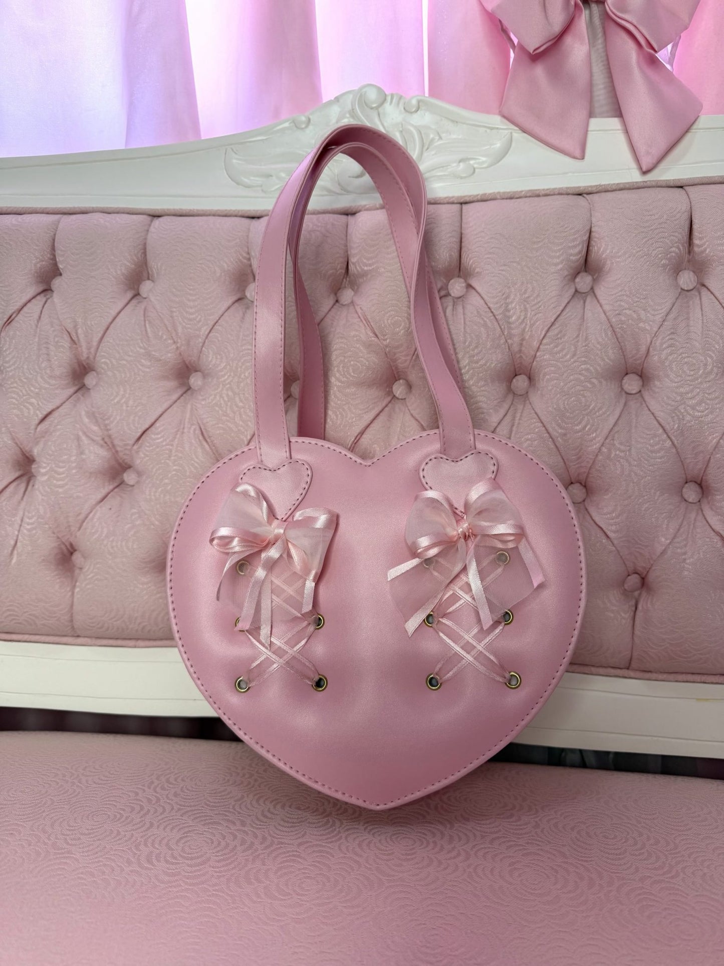 Lace up Heart Bag - Light Pink x satin organza