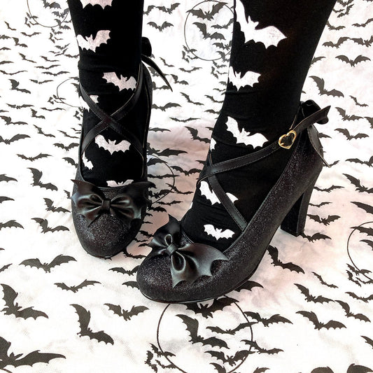 [40BR] Twinkle Spooky Bat Heels - Black Glitter