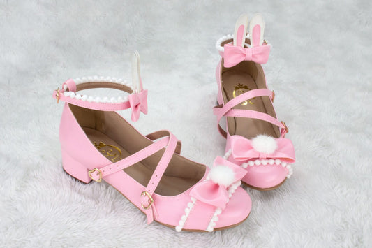 [37BR] Fluffy Round Bunny Shoes - Light Pink