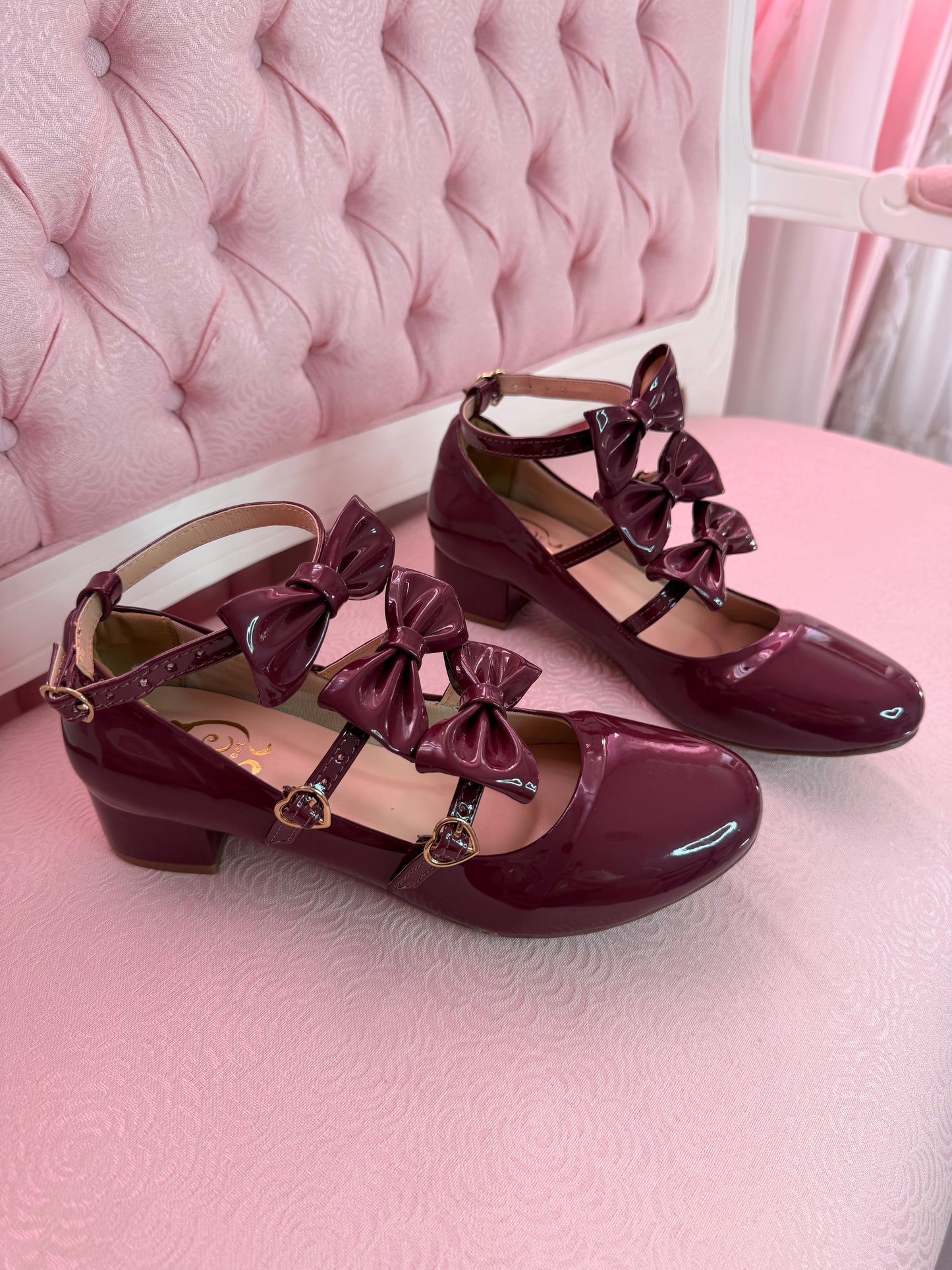 [39BR] Triple Lovely Bow Shoes - Shiny Bordeaux
